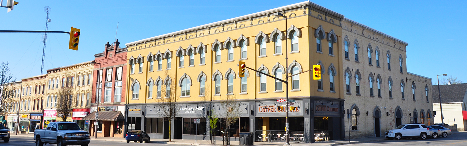 view of heritage buildings on south broadway in Tillsonburg